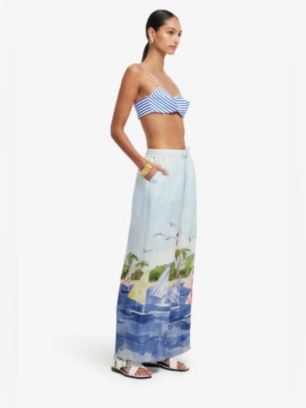 LEO LIN Jamie Nautical Hand-drawn Print Drawstring Sweatpants 100% Silk NWOT - Picture 3 of 6